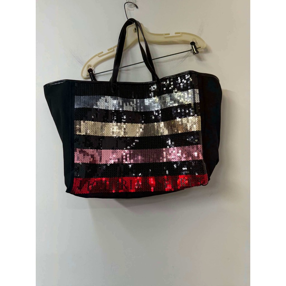 Victorias Secret Sequin Stripe Tote Bag Black Canvas Metallic Oversized Travel